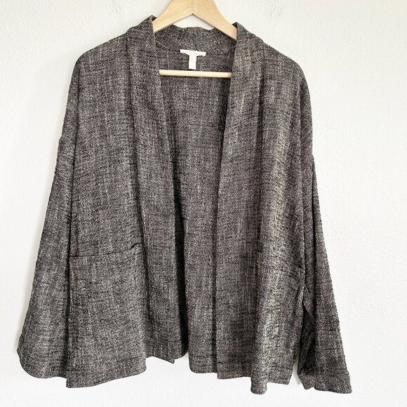 Eileen Fisher Jacket L Brown Tweed Linen Blend Open Front Boxy - Picture 1 of 9